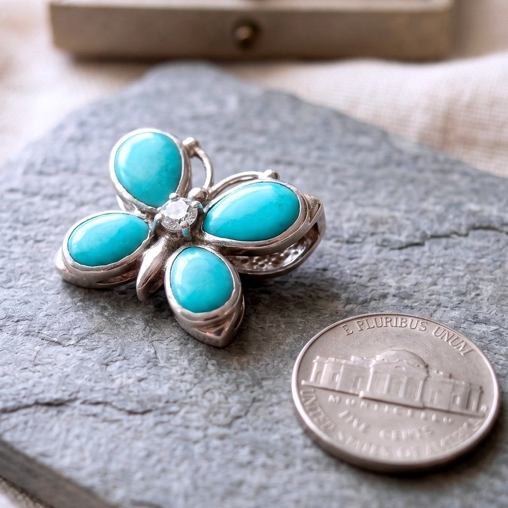 Vintage Sterling Silver Turquoise CZ Butterfly Slide Pendant Charm 925 Accent